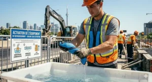 A diverse group of Canadian tradespeople, including men and women, equipped with ergonomic work cooling vests for summer site safety.