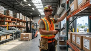 Illustration of a worker in a Canadian warehouse wearing a safety-orange evaporative cooling vest for heat stress prevention.