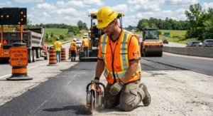 An employee in a Montreal shipping hub using an evaporative cooling vest to stay productive in a non-air-conditioned warehouse.