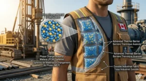 Close-up of a worker in a Canadian industrial setting wearing a durable, high-visibility phase change cooling vest with visible thermal barrier technology.