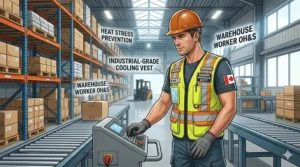 An industrial warehouse worker in Canada wearing a durable ice pack cooling vest to ensure OH&S-compliant heat stress prevention.