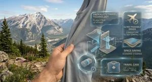 Illustration of a lightweight, wrinkle-resistant cooling long sleeve shirt for men, ideal for Canadian summer travel.