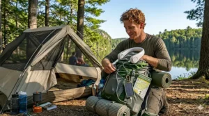 A multi-day camper in Algonquin Park, Ontario, charging their neck fan from a solar power bank, highlighting the device's essential "long-lasting" cooling.