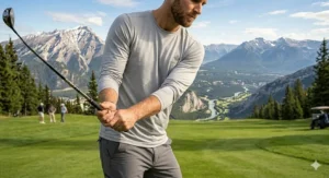 Illustration of a man golfing in a breathable long sleeve cooling shirt suitable for Canadian golf courses.