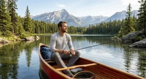 Illustration of a man fishing on a Canadian lake wearing a cooling long sleeve shirt for all-day comfort.