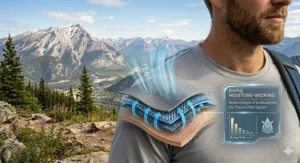 Diagram of sweat-wicking fabric technology in a men’s cooling long sleeve shirt to stay dry during humid summers.