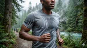 Photorealistic illustration of a runner on a misty Canadian forest trail, showcasing the rapid moisture-wicking and cooling evaporation process of a high-performance t-shirt.