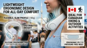 An infographic detailing the UL-certified battery safety of the bladeless neck fan, meeting Canadian electrical safety standards for peace of mind.