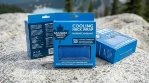 Product packaging for a cooling neck wrap featuring bilingual English and French "Rafraîchissant" labeling for the Canadian market.