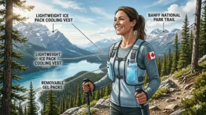 A hiker in Banff National Park staying cool with a lightweight ice pack cooling vest while looking out over a detailed mountain vista.