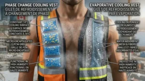 A side-by-side comparison chart illustrating why phase change cooling vests outperform evaporative vests in the high-humidity climates of Southern Canada.
