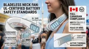 A graphic showing a bladeless neck fan used during a Montreal Metro commute; text includes "Safe Cooling" and "Refroidissement Sécuritaire."