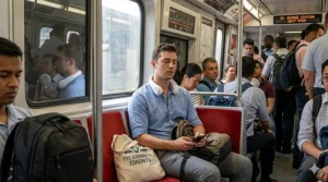 An illustration of an office worker using a portable neck fan on a humid afternoon commute on a Toronto TTC subway car.