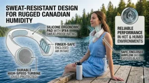 An illustration of a quiet, bladeless neck fan being used in a professional Canadian office setting, emphasizing safe, distraction-free airflow.