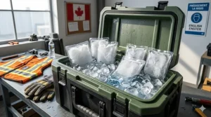 A professional cooling vest insert recharging in a portable cooler filled with ice water, demonstrating the rapid reuse process for Canadian work sites.