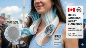 A technical illustration showing how the bladeless neck fan is safe for long hair, preventing tangles and pulling with its hidden turbine design.