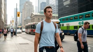 A professional commuting comfortably on a bustling, humid downtown Toronto street during summer, wearing a stylish, technical cooling t-shirt to manage sweat and heat.