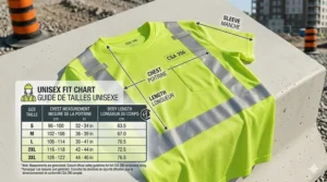 Unisex fit and sizing chart for high visibility cooling apparel tailored for the Canadian workforce (English and French).