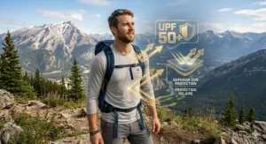 Technical illustration showing UPF 50+ sun protection on a men's cooling long sleeve shirt for outdoor safety.