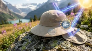 Illustration of solar rays bouncing off a cooling hat with neck flap, highlighting UPF 50+ rating for Canadian summer safety.