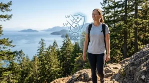 A woman hiking a rocky Canadian ridge with a graphic overlay demonstrating UPF 50+ sun protection provided by her breathable summer cooling t-shirt.