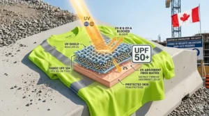 Illustration of UPF 50+ UV protection fiber matrix blocking sun rays on a neon yellow high visibility safety shirt.
