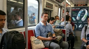A stylized illustration of a person at a crowded outdoor Montreal festival, staying cool with a "ventilateur de cou" (neck fan).