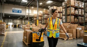 An illustration of a logistics employee wearing a lightweight work cooling vest while moving pallets in a warm Canadian distribution center.
