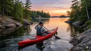 Kayaker on a Muskoka lake using cooling arm sleeves for sun protection and heat management.