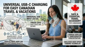 A graphic depicting a bladeless neck fan with sweat-resistant materials, making it a safe and durable choice for hot Canadian summer humidity.