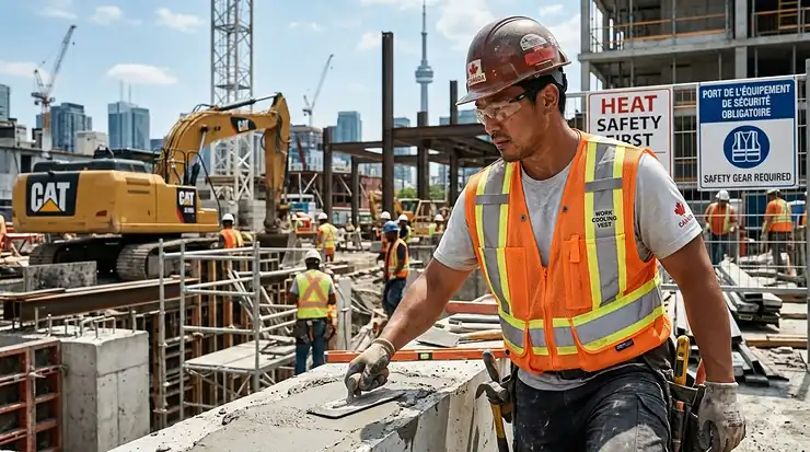 A construction worker wearing a high-visibility work cooling vest on a sunny day in Toronto, ensuring heat safety on a job site.