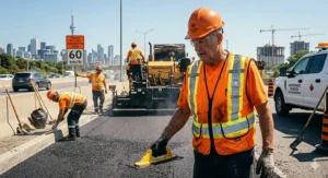 A worker holding a water bottle and wearing a work cooling vest, illustrating total heat stress management for Canadian workplaces.