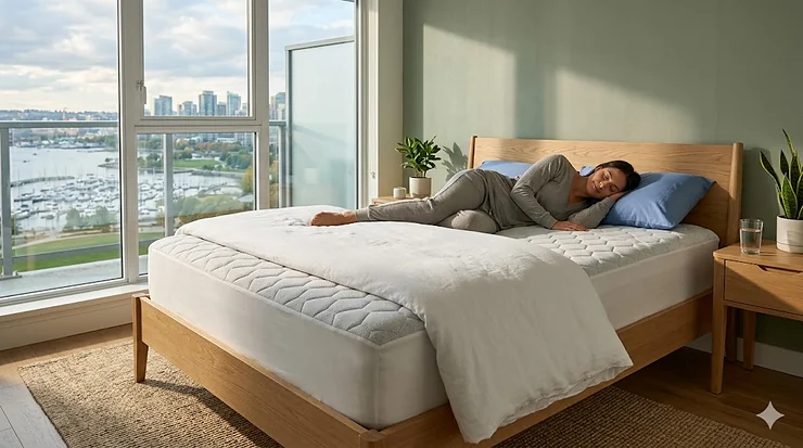 A premium cooling mattress pad on a bed in a bright Canadian bedroom, highlighting breathable fabric for summer comfort.