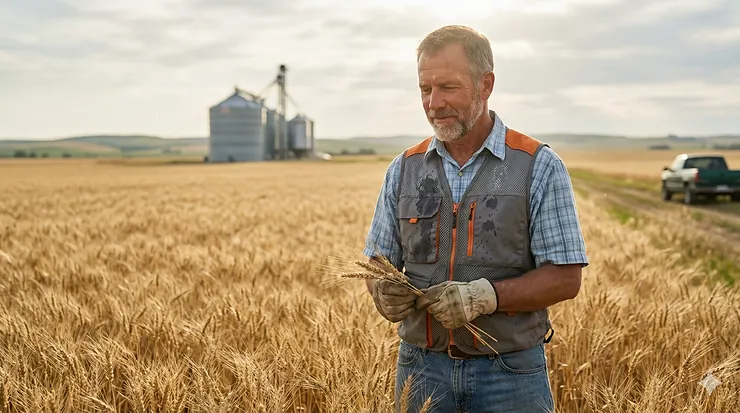 A Canadian farmer wearing a high-performance cooling vest while checking wheat crops in Saskatchewan during a summer heatwave.