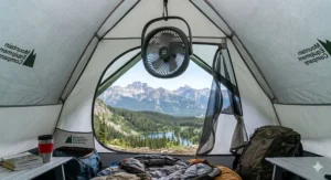 The best portable fan for camping hanging inside a tent with a scenic Canadian Rockies mountain view.