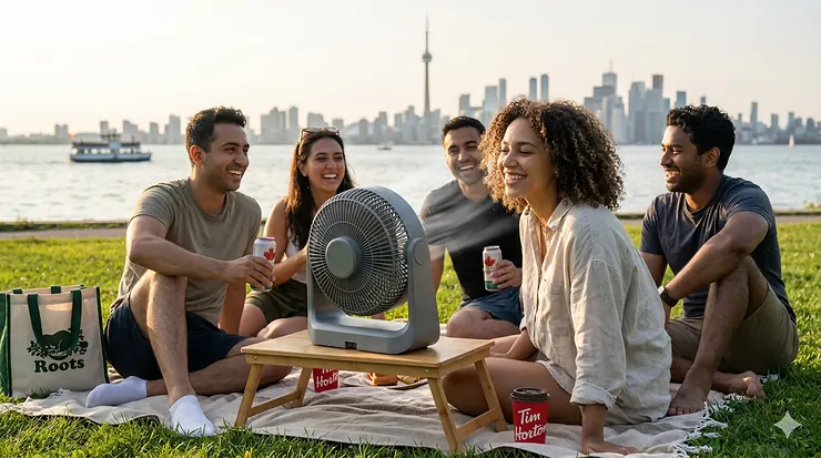 A group of friends staying cool with the best portable fan while enjoying a summer picnic at a Canadian lakeside park.