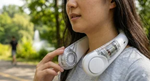 Close-up view of the bladeless design of the USB C neck fan, showing the internal motor mechanism for safety and hair protection.