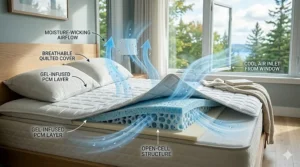 Diagram showing moisture-wicking airflow in a cooling mattress pad for night sweats.