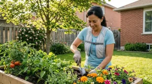 Illustration of a gardener in a backyard wearing a budget cooling vest under $50; idéal pour le jardinage au Canada.