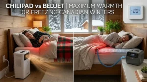 Illustration of a sleeper using BedJet’s Turbo Heat or Chilipad’s warm water setting to combat cold Canadian winter nights.