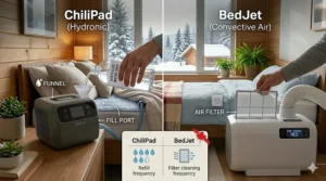 Graphic showing the maintenance required for Chilipad (adding distilled water) vs. the filter-only upkeep of the BedJet system.