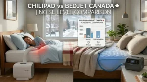 A chart showing the quiet decibel levels of BedJet 3 and Chilipad Dock Pro, comparing them to a white noise machine or small fan.