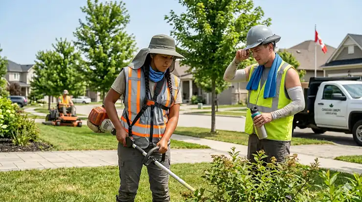 A professional landscaping crew wearing UV-rated cooling gear and high-visibility vests while working on a lawn in Canada. cooling gear for landscapers
