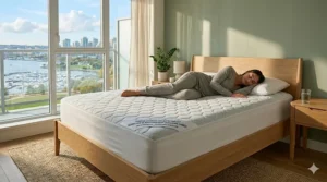 A photorealistic 4K illustration showing a person applying a cooling mattress pad to a thick Canadian mattress with illustrative bilingual measurement text ('18 Pouces/46 cm Deep Pockets') and harbor view background.