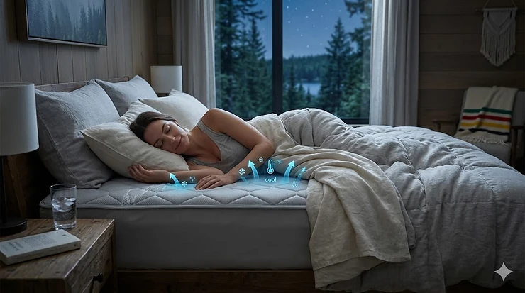 A person sleeping comfortably on a cooling mattress pad for night sweats in a modern Canadian bedroom.
