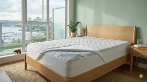 Illustration of a cooling mattress pad with bilingual English and French text (Protège-matelas rafraîchissant) for Canadian shoppers.