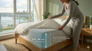 A photorealistic 4K illustration focusing on a person intimately and deeply asleep, demonstrating profound comfort and restorative rest on a cooling mattress pad, set in a sunlit Vancouver condo.