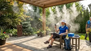 A cyclist wearing a high-performance cooling vest while riding through a scenic Canadian park in July.