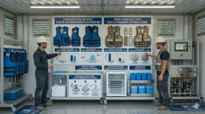 Close-up of cooling vest labels featuring English and French safety instructions (gilet de refroidissement) for Canadian workplace compliance.