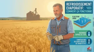 An Ontario dairy farmer wearing a lightweight cooling vest while working in a barn to prevent heat stress.